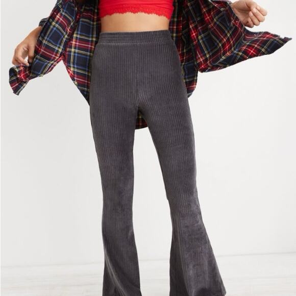 aerie Pants - Aerie Groove On Ribbed Velour High Waist Flare Pants S Dark Gray